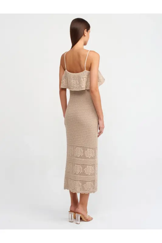 90195 Askılı Triko Elbise-bej-Bej - 2