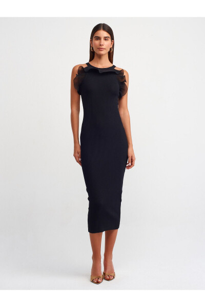 90201 Ribbed Frill Fabric Detail Knit Dress - Black - 15