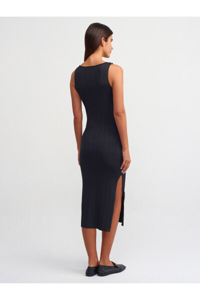 90203 Bicycle Neck Ribbed Button Detail Knit Dress - Black - 18