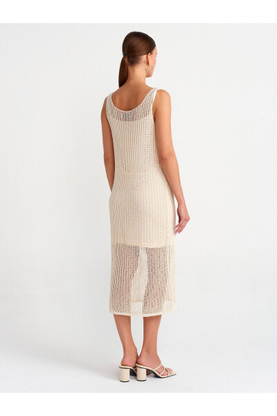 90206 Askılı Ajurlu Astarlı Triko Elbise-Ekru-Ekru - 2