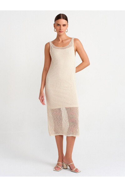 90206 Sleeveless Lace-Detailed Lined Knit Dress - Ecru - 1