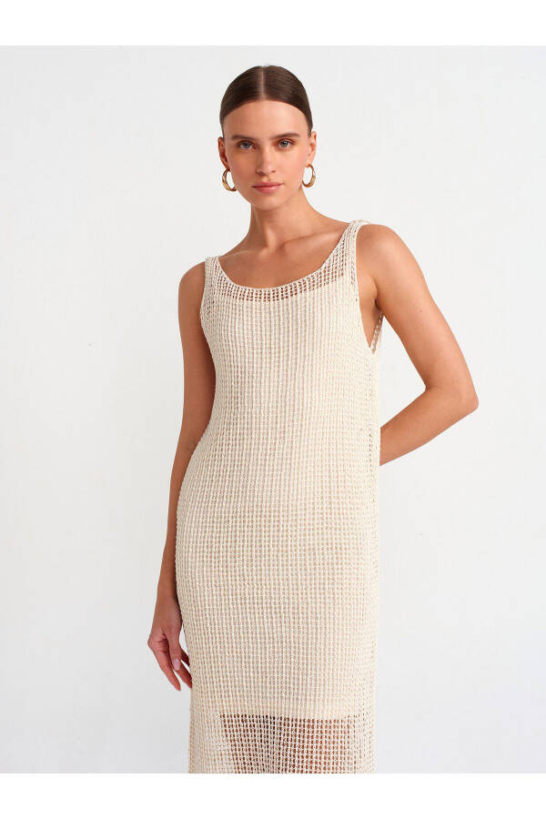 90206 Sleeveless Lace-Detailed Lined Knit Dress - Ecru - 3