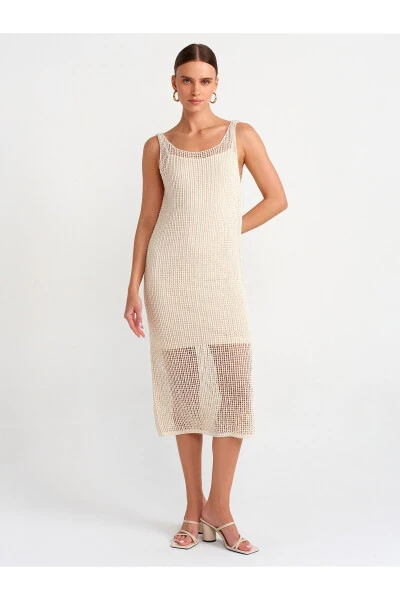 90206 Sleeveless Lace-Detailed Lined Knit Dress - Ecru - DILVIN