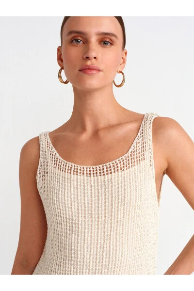90206 Yelkasiz Ajurli Astarli Triko Ko'ylak - Ekru - 4