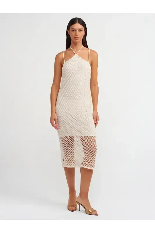 90207 Ribbed Knit Dress with Straps-ecru-Ecru - 3