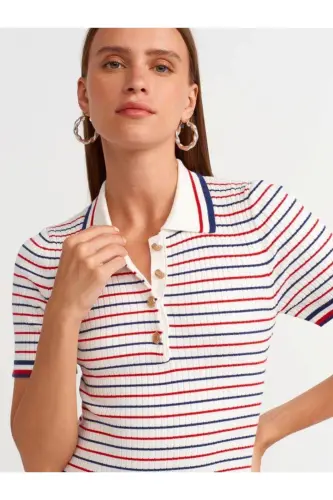 90218 Polo Yaka Çizgili Düğmeli Triko Elbise Ekru - Ekru - 3