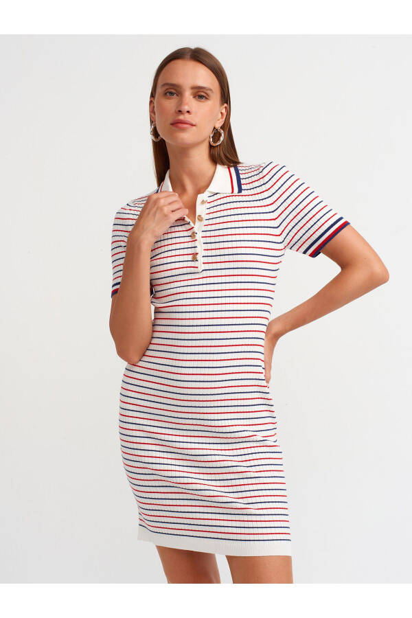 90218 Striped Polo Neck Knit Dress - Ecru - 17