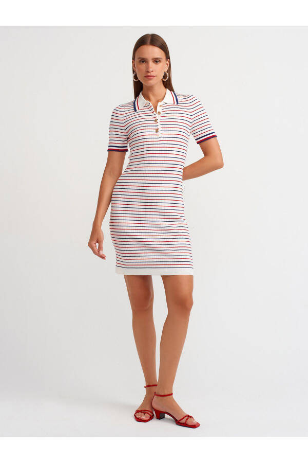 90218 Striped Polo Neck Knit Dress - Ecru - 19