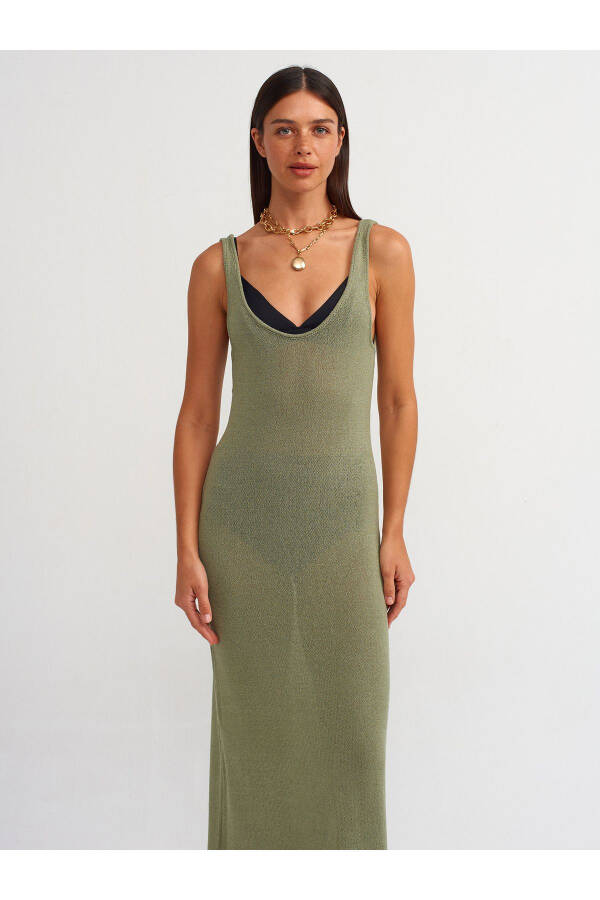 90220 Oval Neck Sheer Knit Dress - Light Khaki - 15