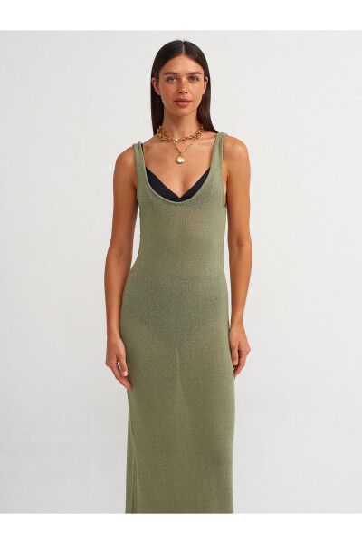 90220 Oval Neck Sheer Knit Dress - Light Khaki - 10