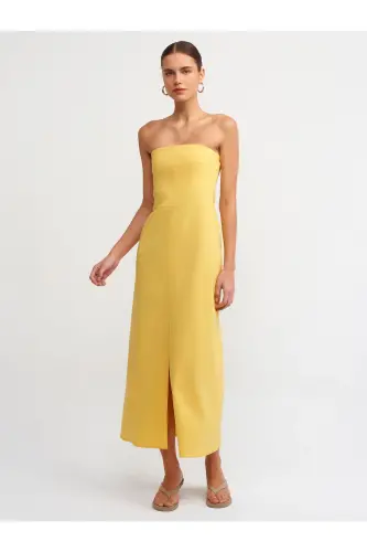 90758 Slit Detailed Strapless Dress-yellow-Yellow - 1