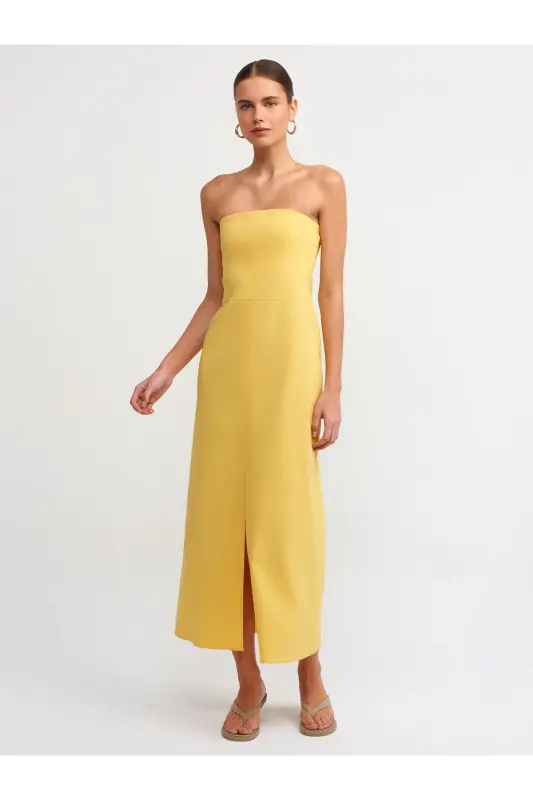90758 Slit Detailed Strapless Dress-yellow-Yellow - 1