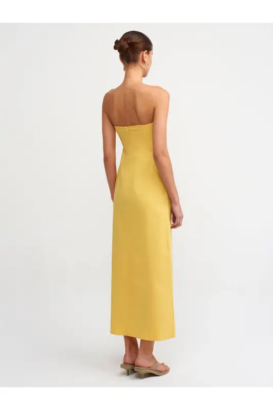 90758 Slit Detailed Strapless Dress-yellow-Yellow - 2