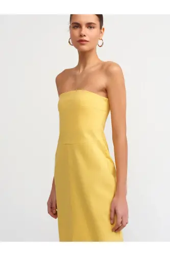 90758 Slit Detailed Strapless Dress-yellow-Yellow - 3