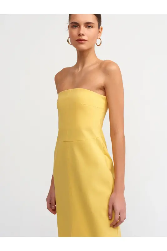90758 Slit Detailed Strapless Dress-yellow-Yellow - 3