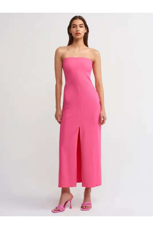 90758 Slit Strapless Dress-Pink-Pink - DILVIN