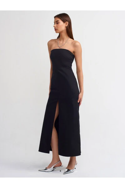 90758 Strapless Dress with Slit - Black - 4