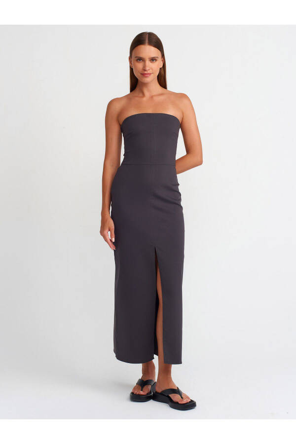 90758 Strapless Dress with Slit Detail - Anthracite - 5