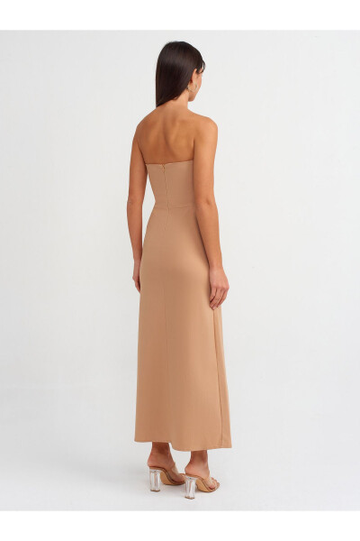 90758 Strapless Dress with Slit Detail - Beige - 2