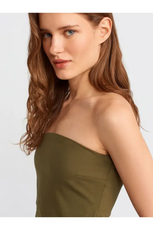 90758 Straplez Elbise-Haki-Haki - 4