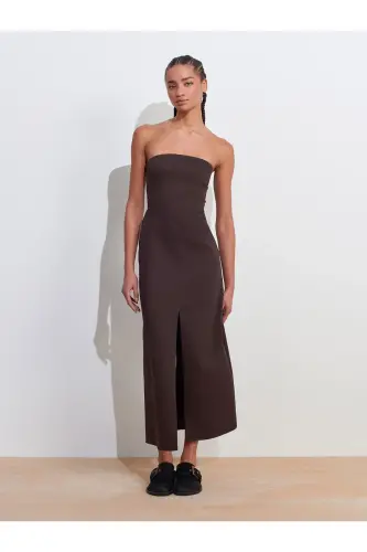 90758 Straplez Elbise-Koyu Kahve-Koyu Kahve 