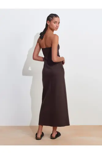 90758 Straplez Elbise-Koyu Kahve-Koyu Kahve - 2