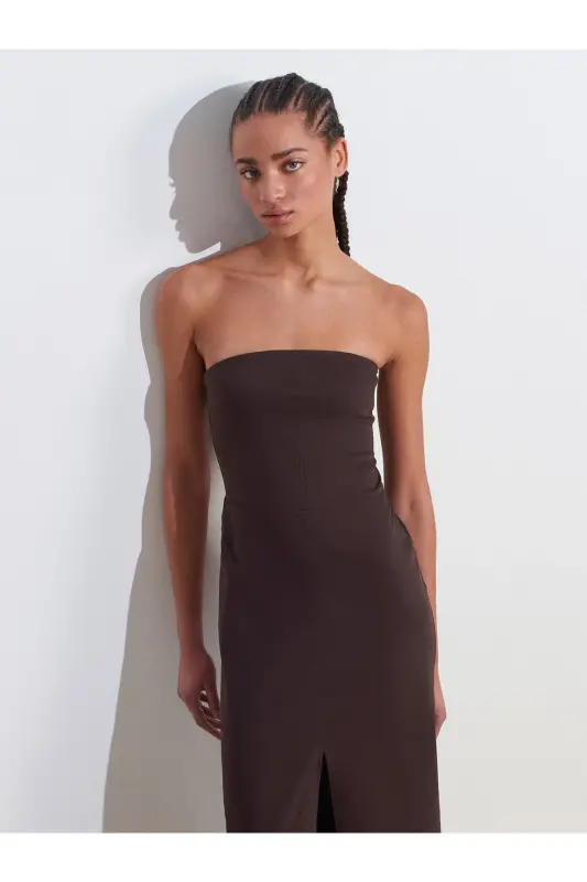 90758 Straplez Elbise-Koyu Kahve-Koyu Kahve - 3