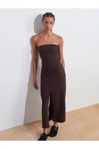 90758 Straplez Elbise-Koyu Kahve-Koyu Kahve - 5