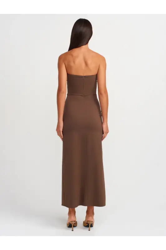 90758 Yırtmaç Detaylı Straplez Elbise-orta Kahve-Orta Kahve - 2