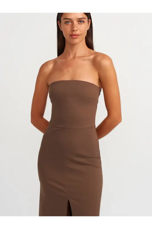 90758 Yırtmaç Detaylı Straplez Elbise-orta Kahve-Orta Kahve - 3