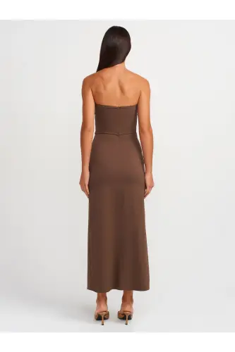 90758 Yırtmaç Detaylı Straplez Elbise-orta Kahve-Orta Kahve - 2