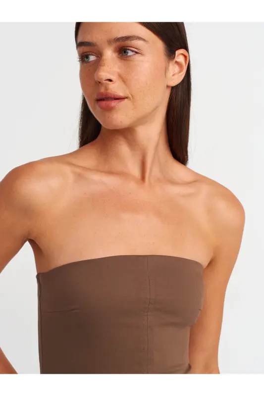 90758 Yırtmaç Detaylı Straplez Elbise-orta Kahve-Orta Kahve - 4