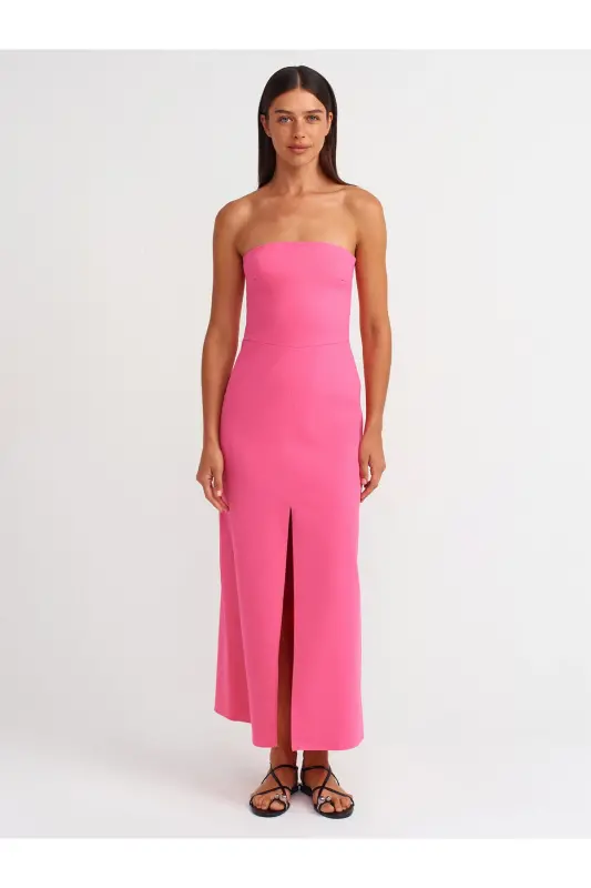 90758 Yırtmaç Detaylı Straplez Elbise-ş.pembe-Ş.Pembe - DILVIN