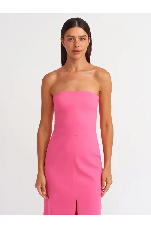 90758 Yırtmaç Detaylı Straplez Elbise-ş.pembe-Ş.Pembe - 3