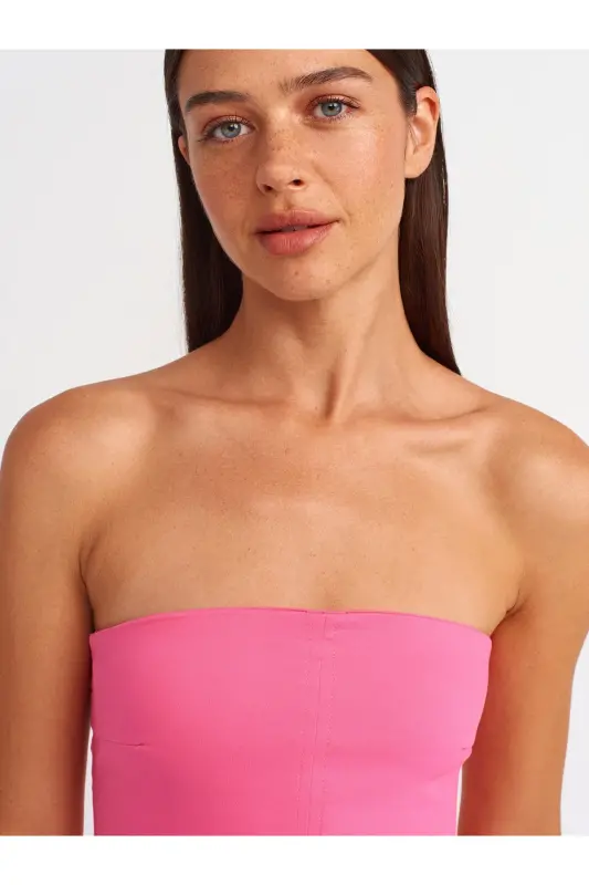 90758 Yırtmaç Detaylı Straplez Elbise-ş.pembe-Ş.Pembe - 4