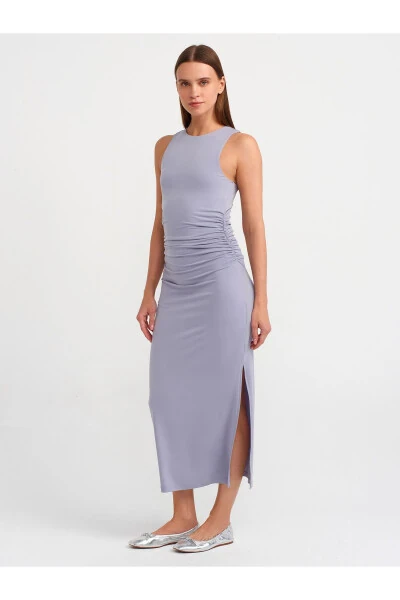 90861 Long Dress with Slit Detail - Grey - DILVIN