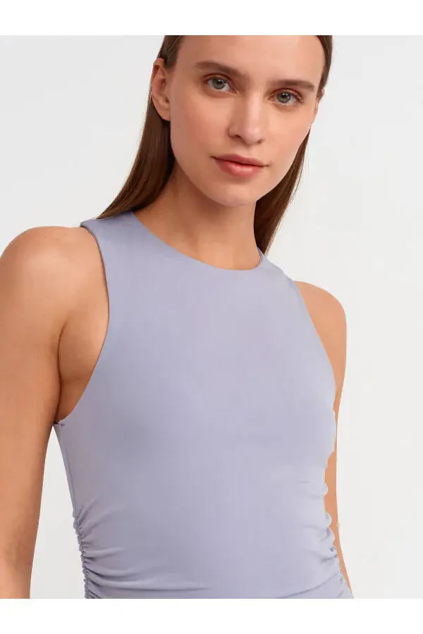 90861 Yırtmaç Detaylı Uzun Elbise-Gri - 2