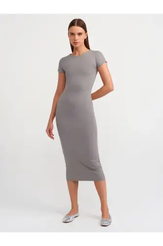 90890 Crew Neck Long Dress-Gray-Gray 