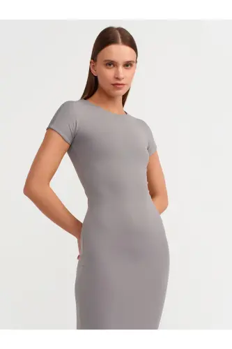 90890 Crew Neck Long Dress-Gray-Gray - 3