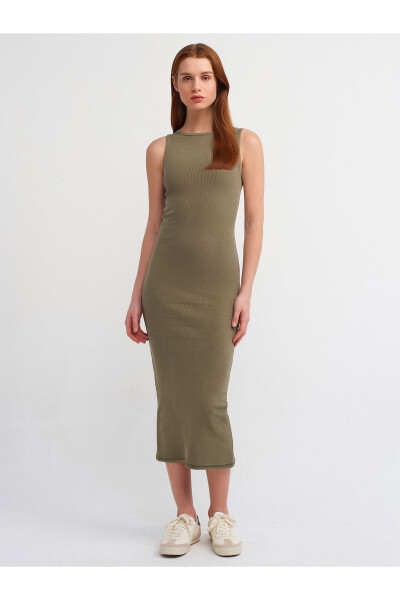 90891 Sleeveless Long Dress with Wash Effect - Khaki - DILVIN