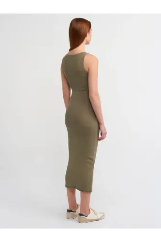 90891 Sleeveless Long Dress with Wash Effect - Khaki - 3