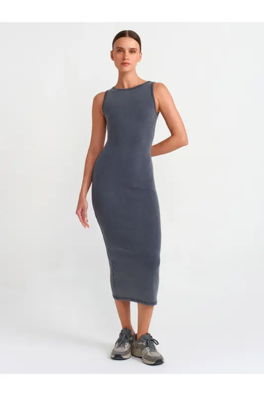 90891 Washed Effect Sleeveless Long Dress-Anthracite-Anthracite - 3