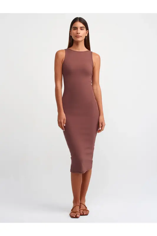 90892 Kolsuz Uzun Elbise-Kahve-Kahve - 1