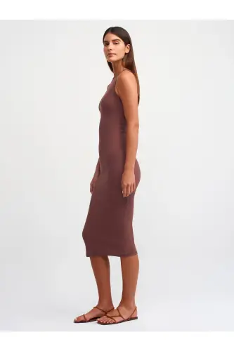 90892 Kolsuz Uzun Elbise-Kahve-Kahve - 3