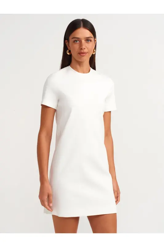 90899 Bisiklet Yaka Mini Elbise-beyaz-Beyaz - DILVIN