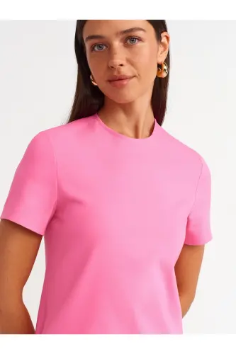 90899 Bisiklet Yaka Mini Elbise-fuşya - 4