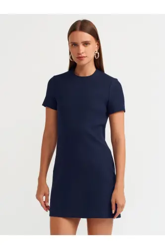 90899 Bisiklet Yaka Mini Elbise-lacivert - Lacivert - 1