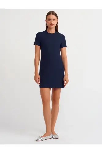 90899 Bisiklet Yaka Mini Elbise-lacivert - Lacivert - 3