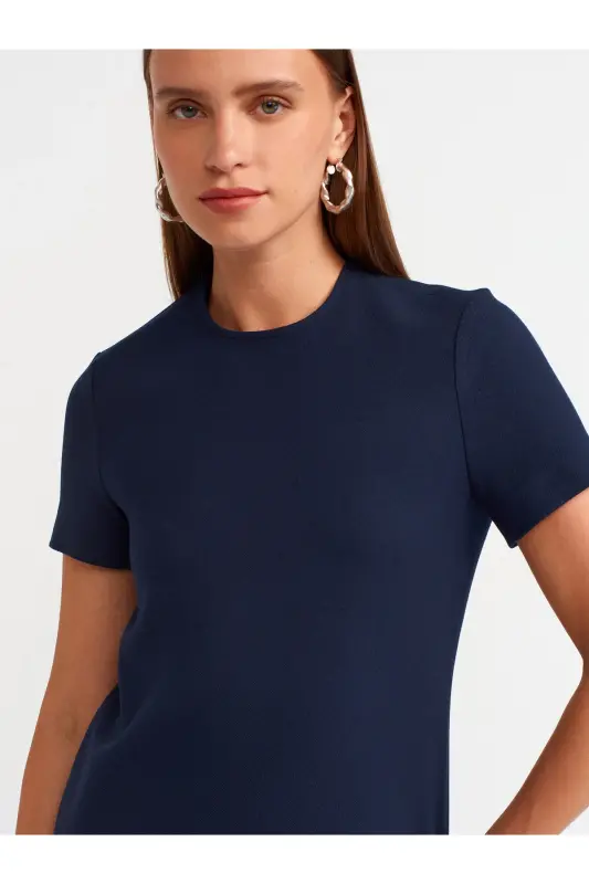 90899 Bisiklet Yaka Mini Elbise-lacivert - Lacivert - 4