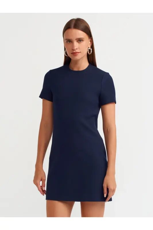 90899 Bisiklet Yaka Mini Elbise-lacivert - Lacivert - DILVIN